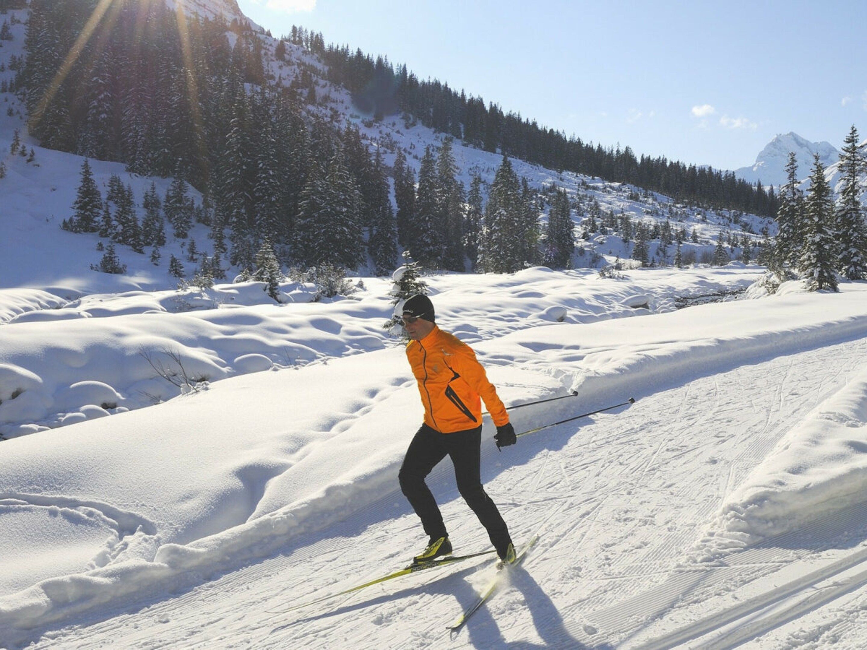 A person skiing on a snow-covered slope with trees and mountains in the background.