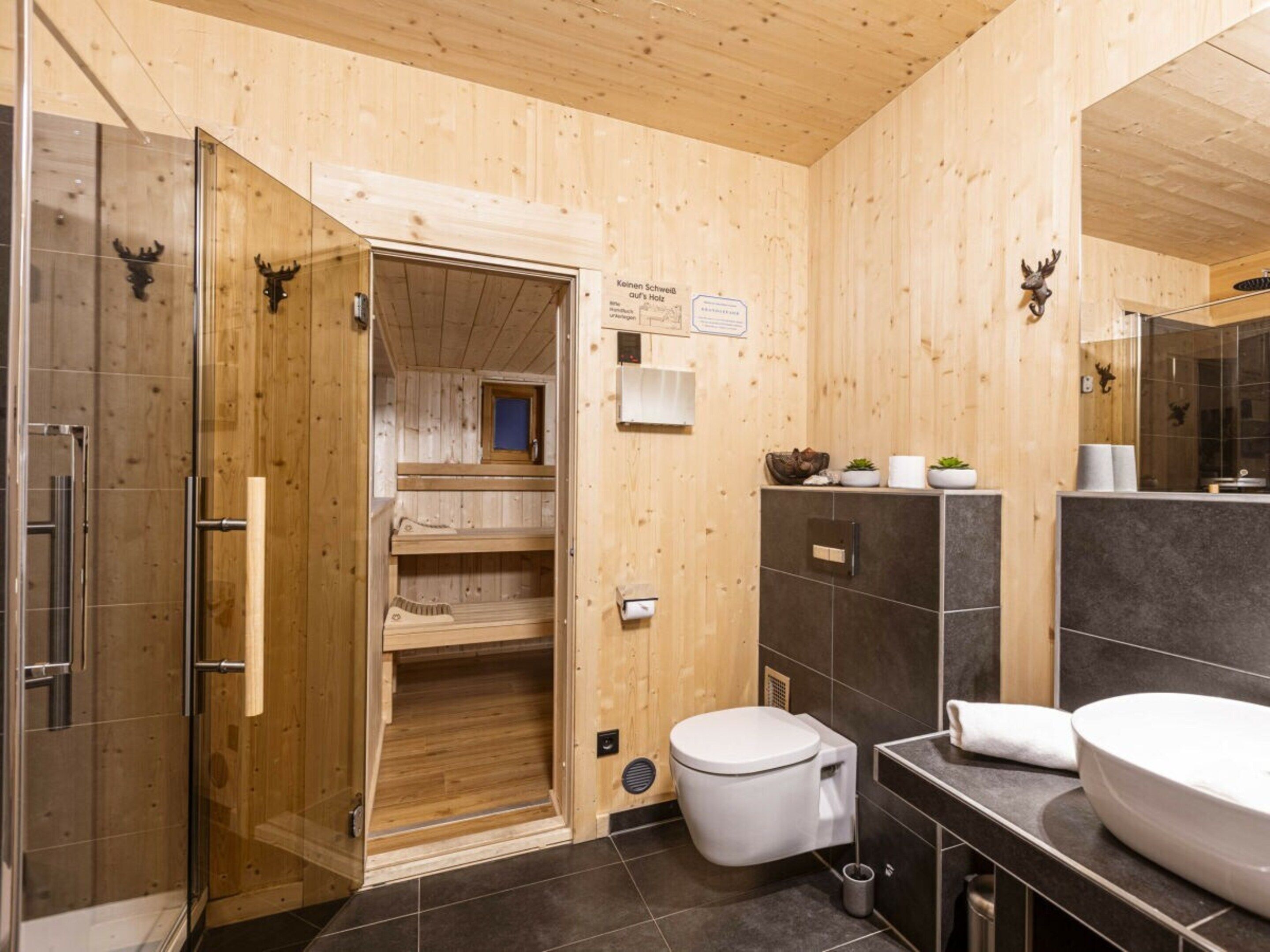 A wooden interior with a sauna, a toilet, and a sink area.