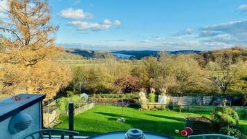 A patio with a table and chairs, overlooking a grassy area with trees and a distant view of hills.