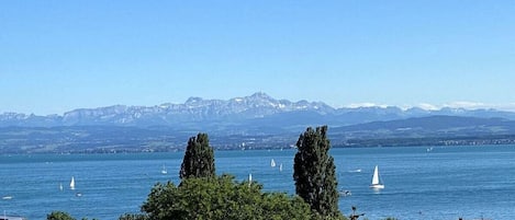A lake with sailboats, mountains in the background, and trees in the foreground.