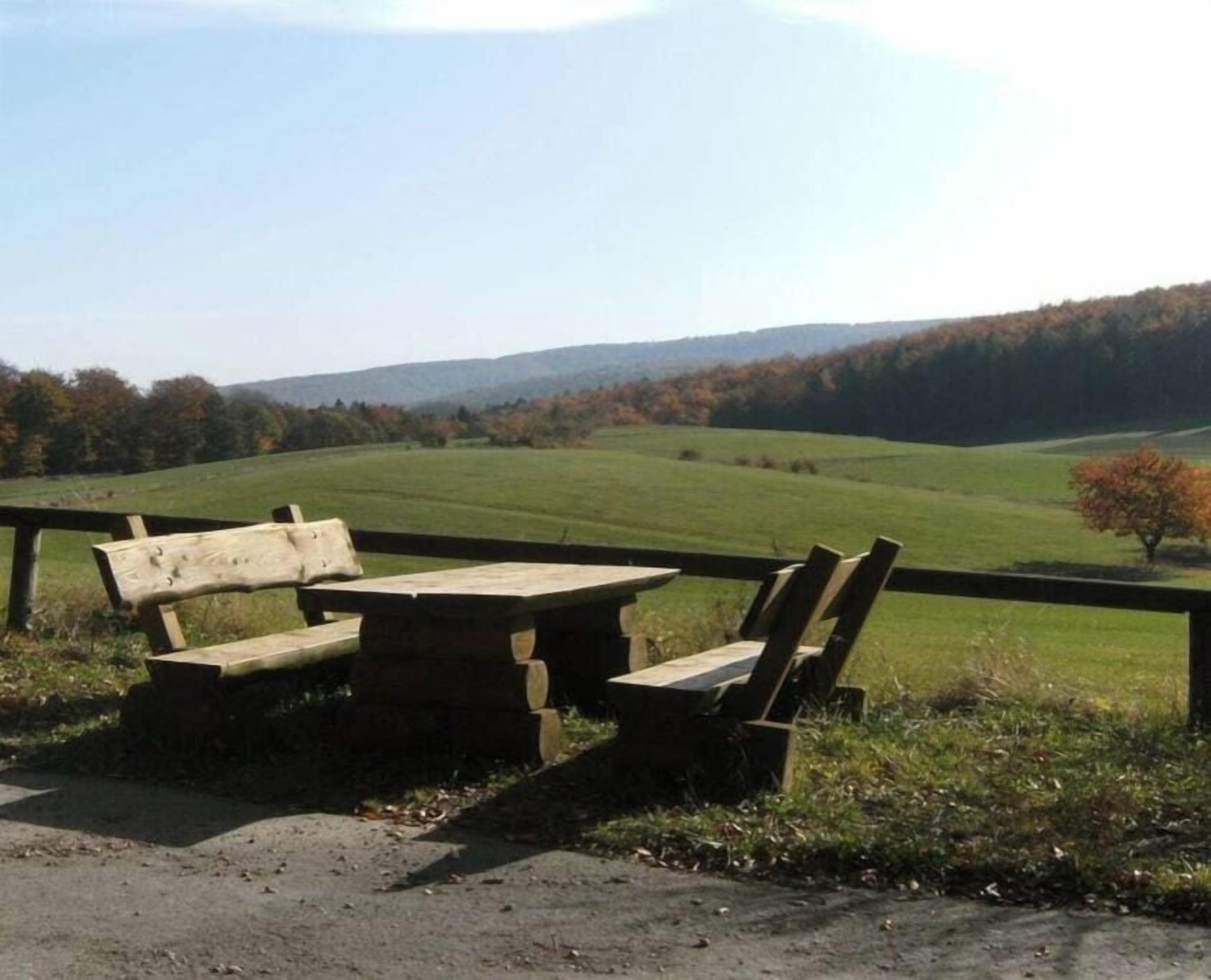 A picnic table and benches in a natural setting with a view of a green field and distant hills.