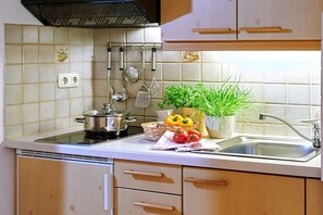 A kitchen with a stove, pots, a sink, and various utensils. - 3 on the shore of Lake Chiemsee at Paulfischer (Chieming)