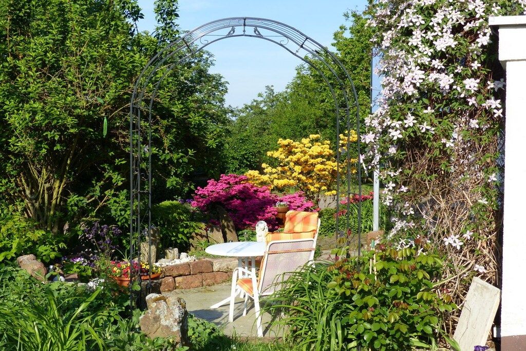 Um jardim com um arco de metal, uma mesa com cadeiras e diversas plantas floridas.