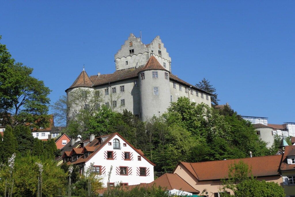 A castle-like building with multiple towers and a prominent central tower, surrounded by residential houses with red roofs.