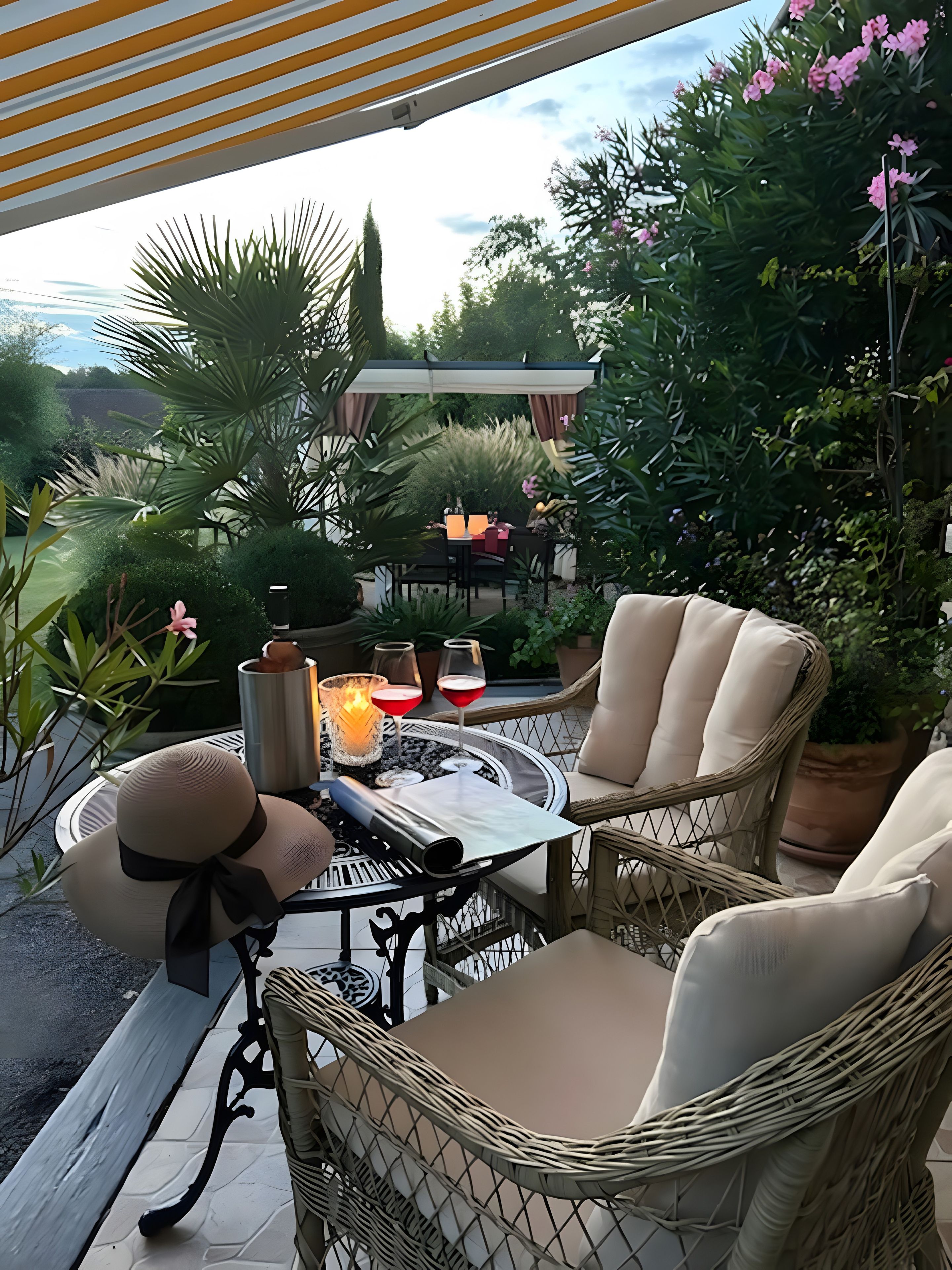 An outdoor patio with wicker furniture, a table with a candle, and a view of a garden.