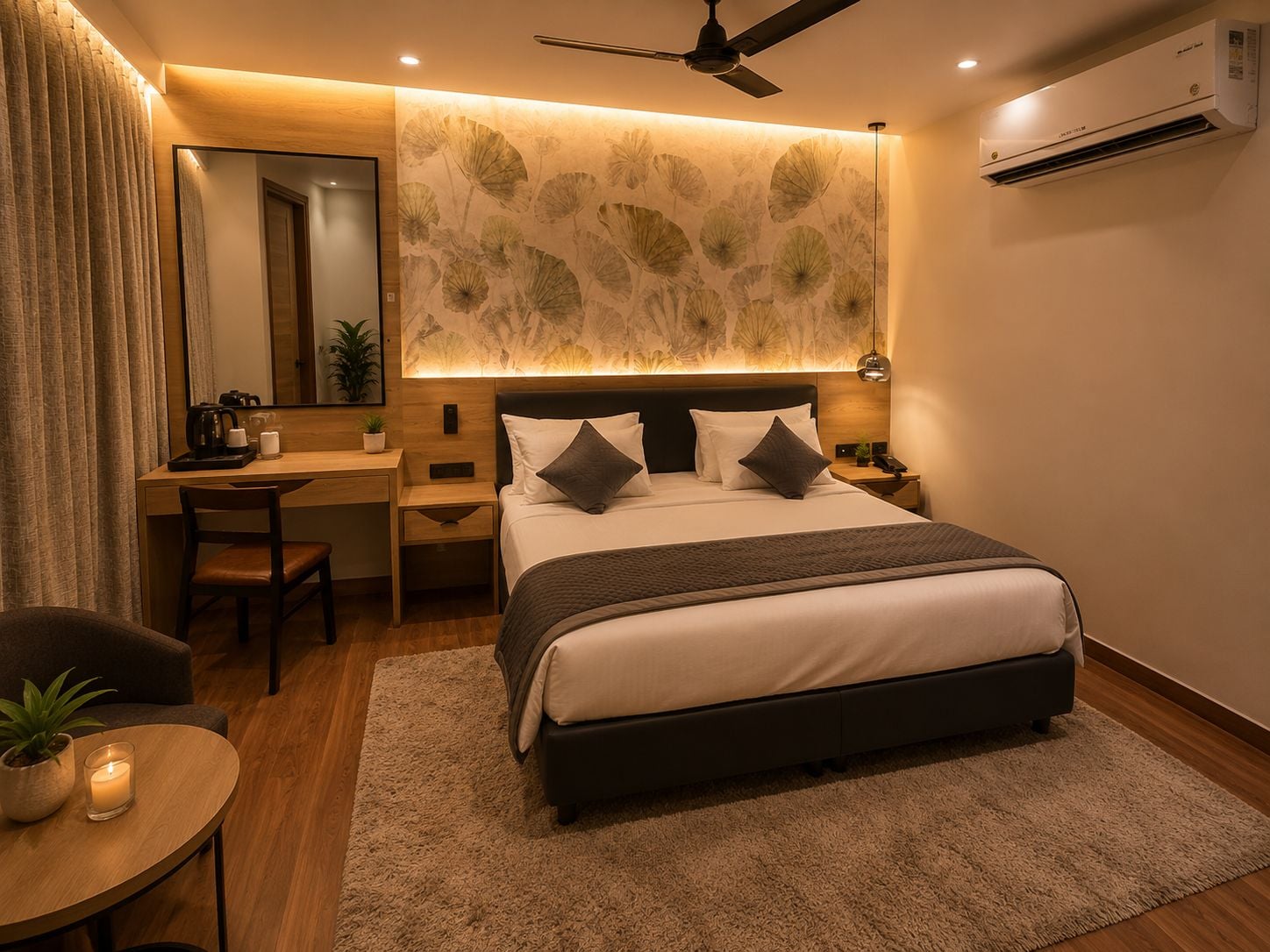 Una habitación de hotel moderna con cama, escritorio, silla y un espejo grande.