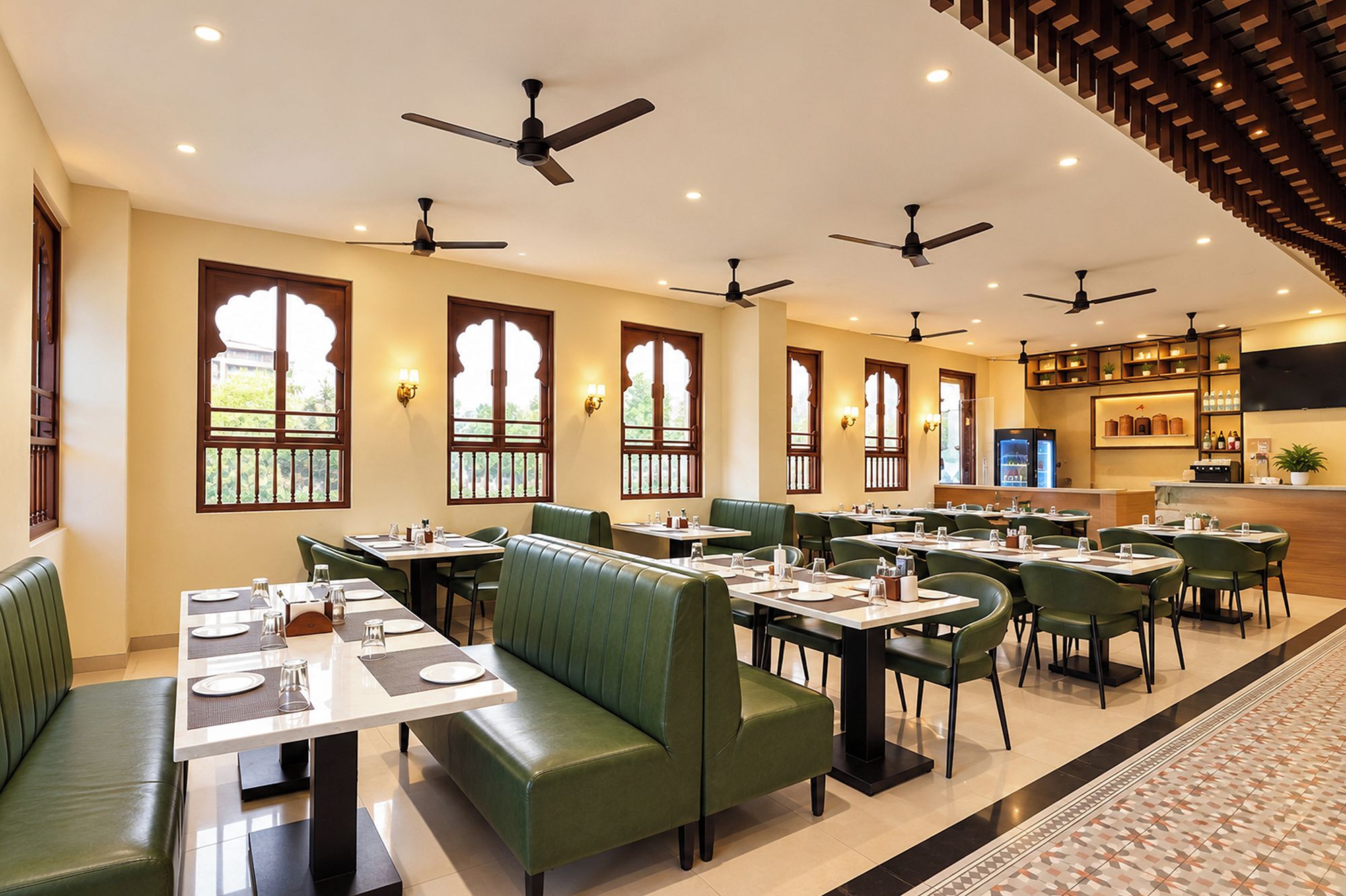 Un restaurant avec des banquettes et des tables vertes, des ventilateurs de plafond et un sol carrelé.