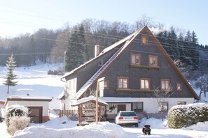 Een tweelaags huis met een schuin dak, een auto voor de deur en een hond die in de sneeuw zit.