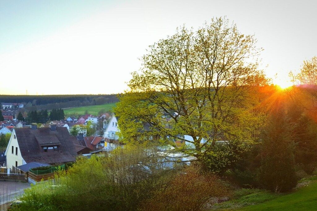 Ländliche Landschaft mit einem markanten Baum im Vordergrund, einer kleinen Kirche und Häusern im Hintergrund.