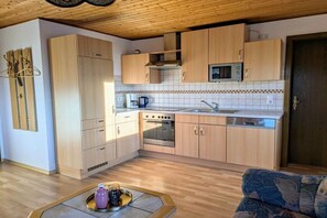 A compact kitchen with wooden cabinets, a microwave, an oven, and a sink. - Holiday apartment with 1 bedroom (Lohberg)