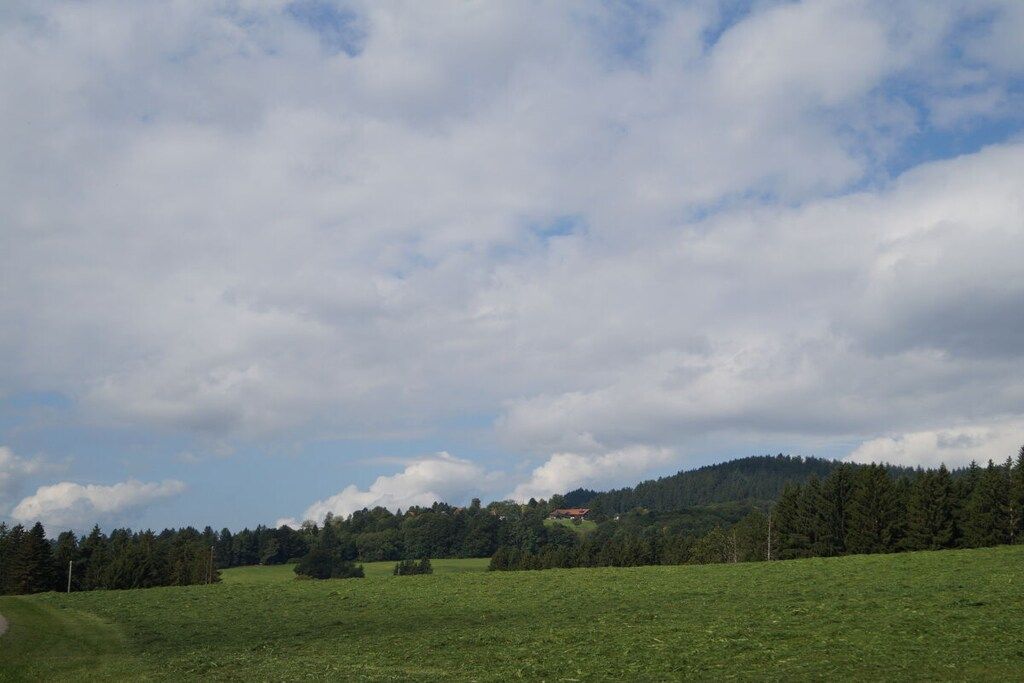 Ein grasbewachsenes Feld mit einem Hügel im Hintergrund und einem teils bewölkten Himmel.