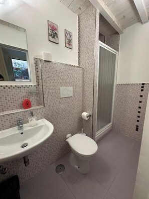 A bathroom with a sink, toilet, and shower. - Marcelina vaticans rooms (Rome)