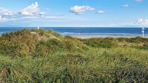 En strand med klitter og en klar himmel.