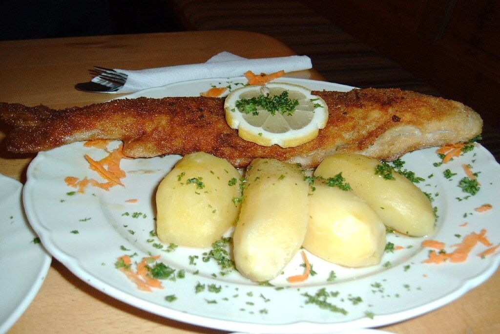Ein Teller mit einem panierten Fischstäbchen, einer Zitronenscheibe und gekochten Kartoffeln.