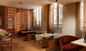 Decoração moderna com área de jantar, divisória de madeira e grandes janelas.