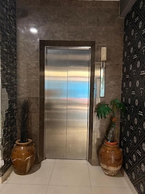 Un ascensor moderno con acabado metálico, flanqueado por dos grandes macetas con plantas.