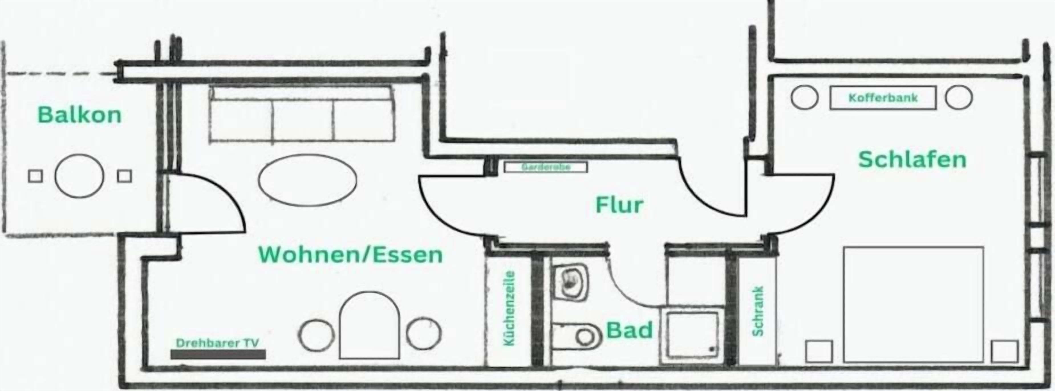 Un plan d’étage d’hôtel comprenant un balcon, un espace de vie, une cuisine, une salle de bain et un coin repas.