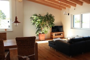 Un salon avec un plancher en bois, un canapé foncé, une table à manger avec des chaises en osier, une plante en pot et un téléviseur posé sur un meuble en bois.
