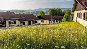 Fileira de casas tradicionais com um jardim exuberante em primeiro plano e montanhas ao fundo.
