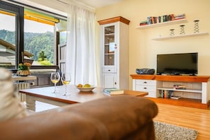 Ein Wohnzimmer mit Fernseher, Bücherregalen und Blick ins Freie.