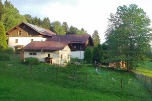 A two-story wooden house with a sloped roof, surrounded by a fenced yard and dense greenery. - Holiday apartment in Langdorf with barbecue (Langdorf)