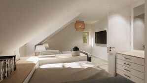 Une chambre moderne avec un plafond en pente, un lit, des tables de chevet, un téléviseur et une commode.