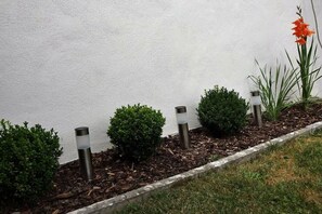 A garden bed with small shrubs and a tall red flower. - Holiday apartment with 1 bedroom (Cochem)