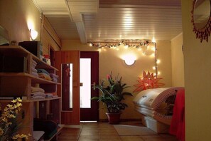 Une pièce avec un sauna, une plante en pot et une étagère où sont pliées des serviettes.
