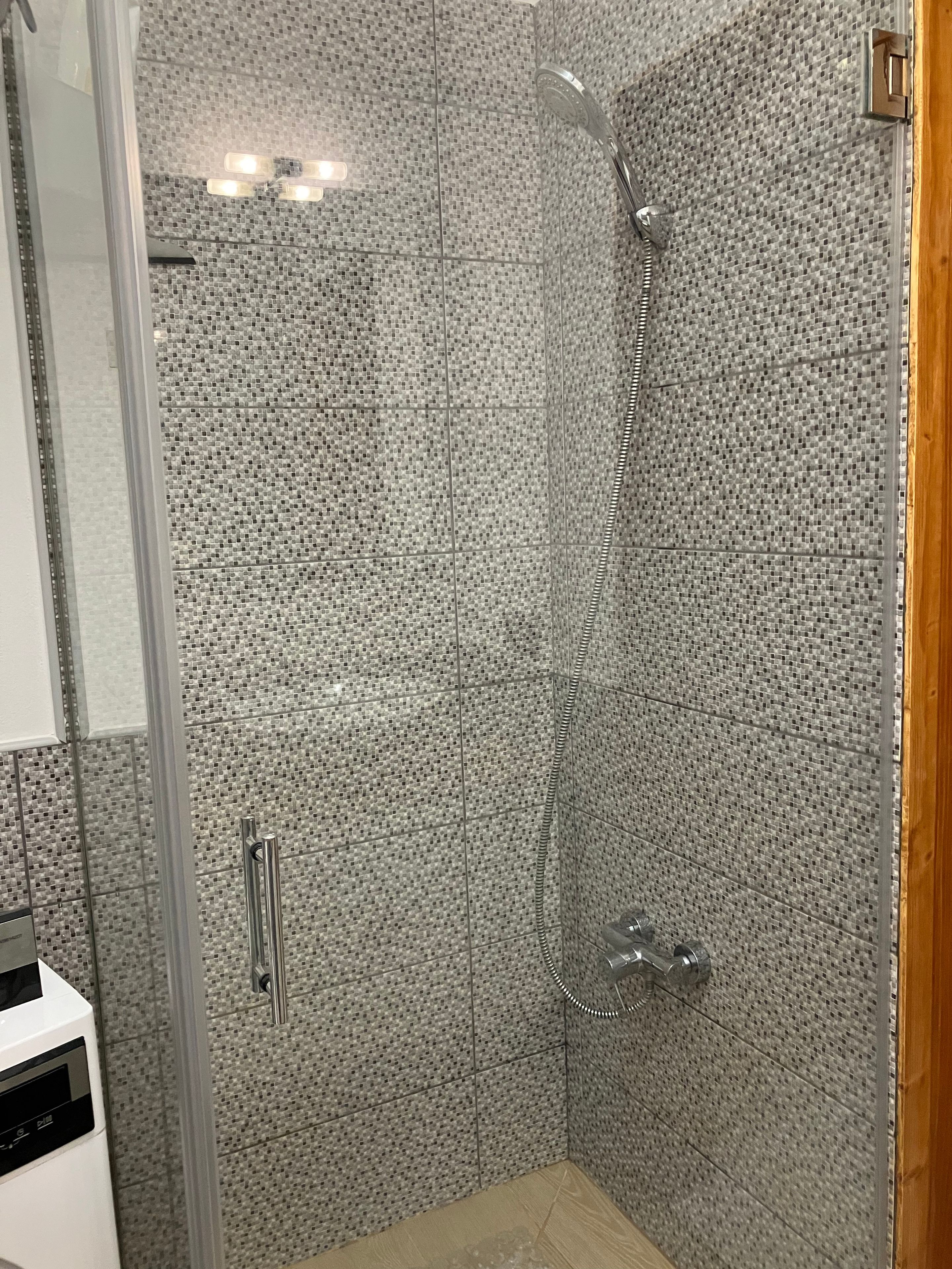 Ducha con mampara de vidrio, ducha de mano y panel de control en la pared.