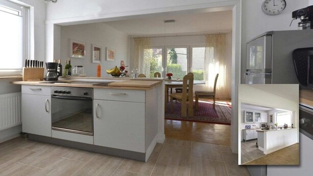 A kitchen with a stove, oven, and a dining area with a table and chairs. - Holiday home in Eifel with 4 bedrooms (Dockweiler)