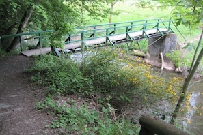 Un puente de madera con barandillas verdes, rodeado de follaje y flores amarillas.