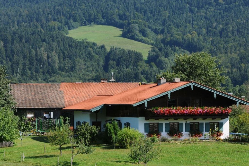 A traditional chalet with a sloped roof, surrounded by a lush green landscape and forested hills.