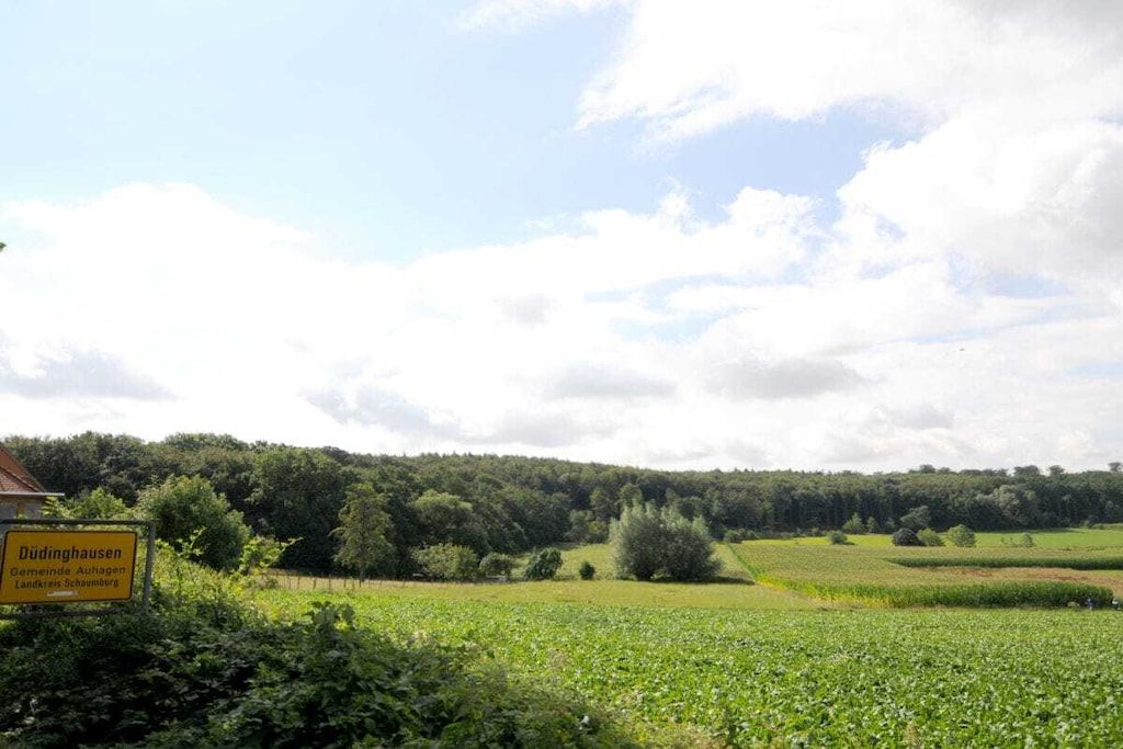 Ländliche Landschaft mit einem Schild, auf dem 'Düdinghausen Gemeinde Auhagen Landkreis Scheiburg' steht.