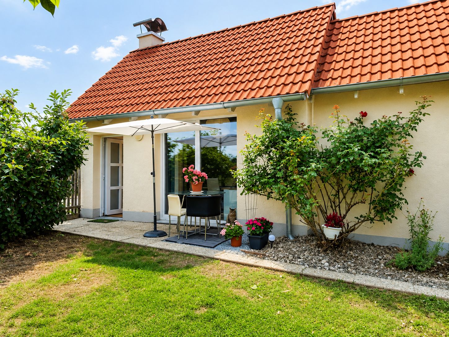 Ein Haus mit rotem Ziegeldach, einer überdachten Terrasse mit Tisch und Stühlen sowie Kübelpflanzen.