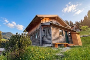 Een houten chalet met een schuin dak, een voordeur en een bankje ervoor.