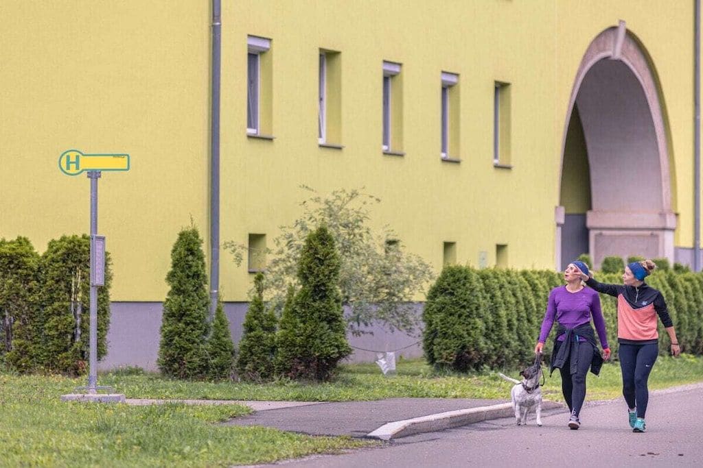 Two people walking a dog on a sidewalk with a yellow building in the background.