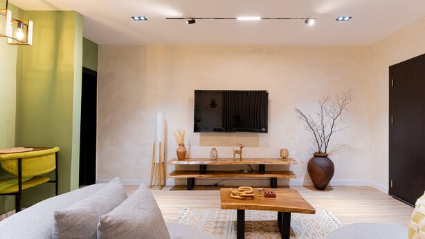 Een moderne woonkamer met een bank, een salontafel, een flatscreen televisie en een grote vaas.
