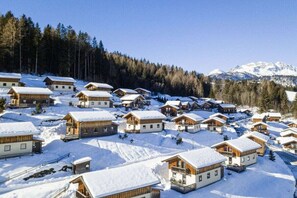 A snow-covered village with wooden cabins, a forested hillside, and snow-capped mountains in the background. - Cabin in Annaberg with swimming pool (Annaberg)