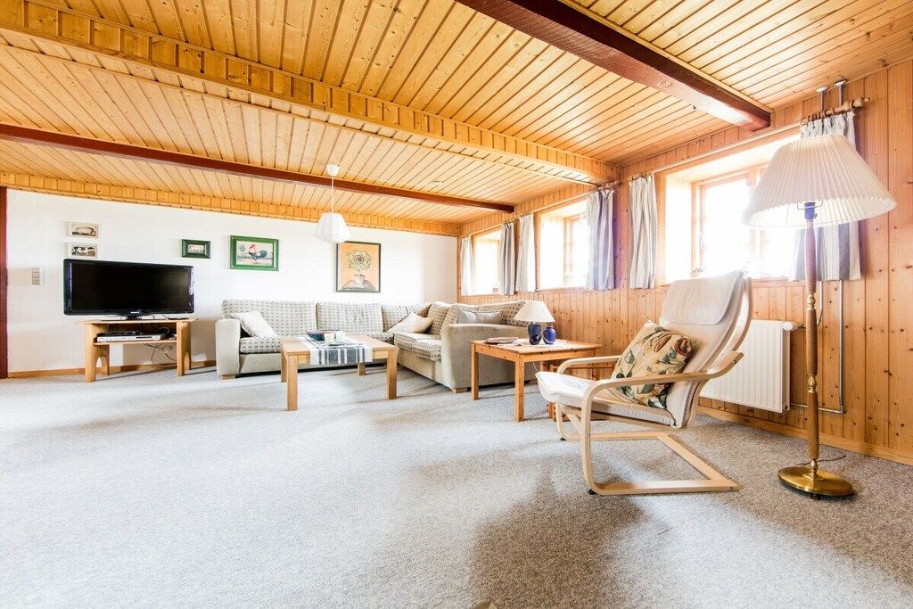 Un salon confortable avec une télévision, un canapé et un fauteuil, un plafond en bois et de grandes fenêtres.
