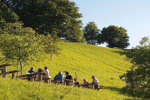 A group of people sitting on benches in a grassy outdoor area with trees in the background. - Holiday apartment with 1 bedroom (Vogtsburg-Oberbergen)