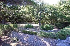 Un jardín ajardinado con muros de piedra, arbustos variados y árboles.