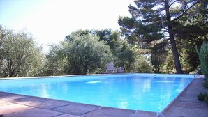 A rectangular swimming pool with a clear blue surface, surrounded by a stone border. - La Bergerie de l'Aspe (Saint Cézaire\/Siagne)