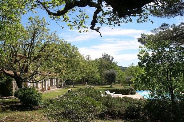 Ein Garten mit Pool, Steinbauten und üppiger Vegetation.