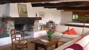 A living room with a fireplace, a sofa, a wooden coffee table, and a chair. - La Bergerie de l'Aspe (Saint Cézaire\/Siagne)