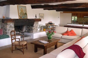 Ein Wohnzimmer mit Kamin, einer Couch, einem Holztisch und einem Sessel.