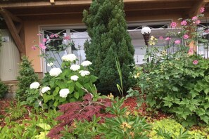 A garden with various plants and flowers, a tall coniferous tree, and a building with a window and a door in the background. - Holiday apartment in the Harz Mountains with 1 bedroom (Blankenburg)