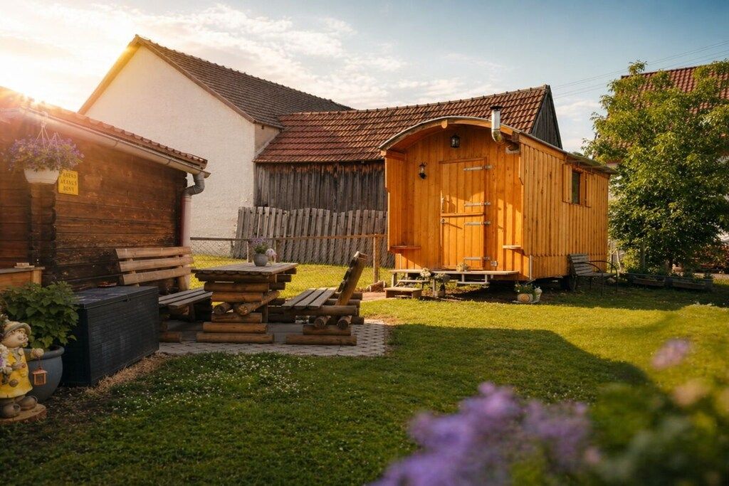 Puuinen mökki, jossa on kuisti, pöytä ja tuoleja. Mökki sijaitsee aidatulla takapihalla, jossa kasvaa myös puu.
