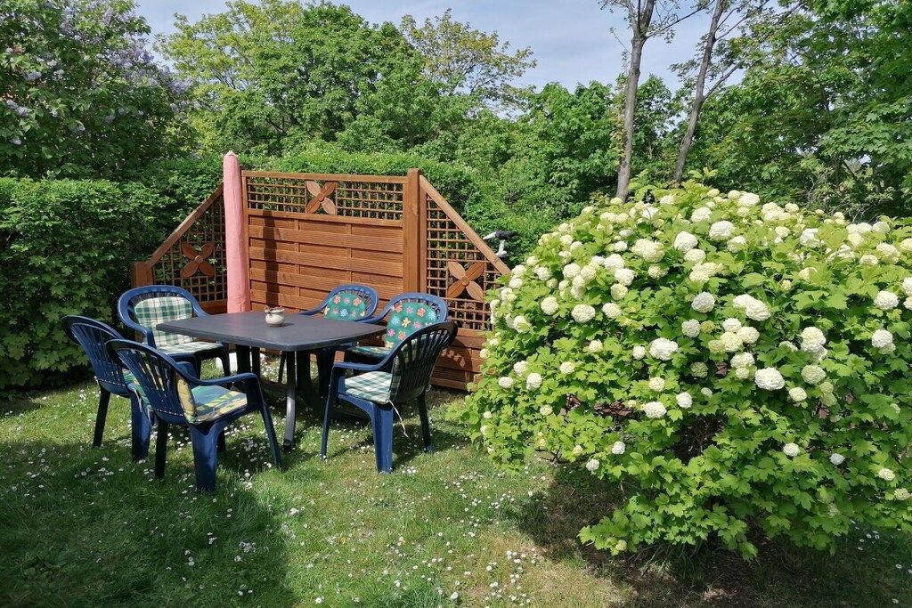 A garden with a wooden fence, a table with chairs, and a bush with white flowers.