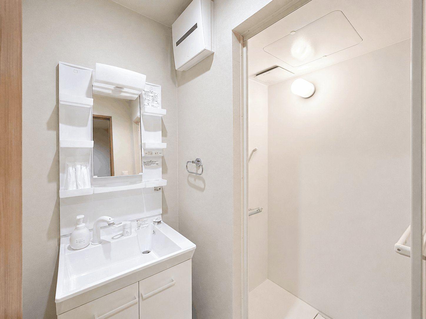 A bathroom with a white sink, mirror, and a shower area.