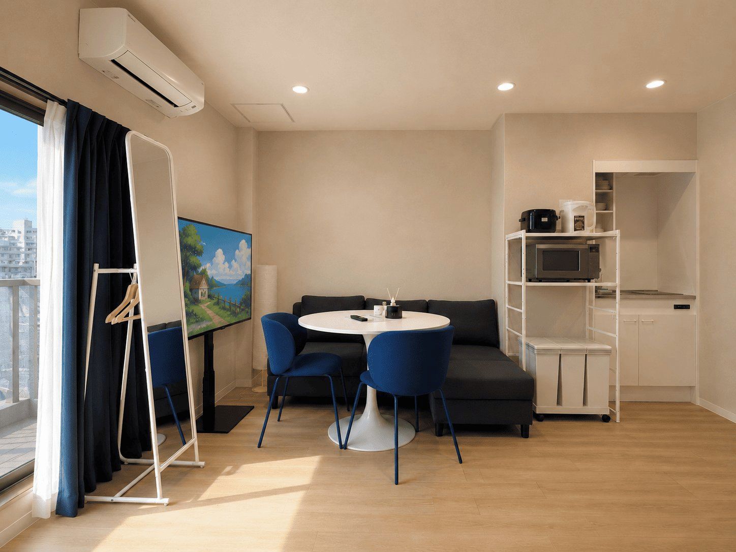 Habitación moderna con una mesa redonda, sillas azules, un sofá, un televisor de pantalla plana y una kitchenette.